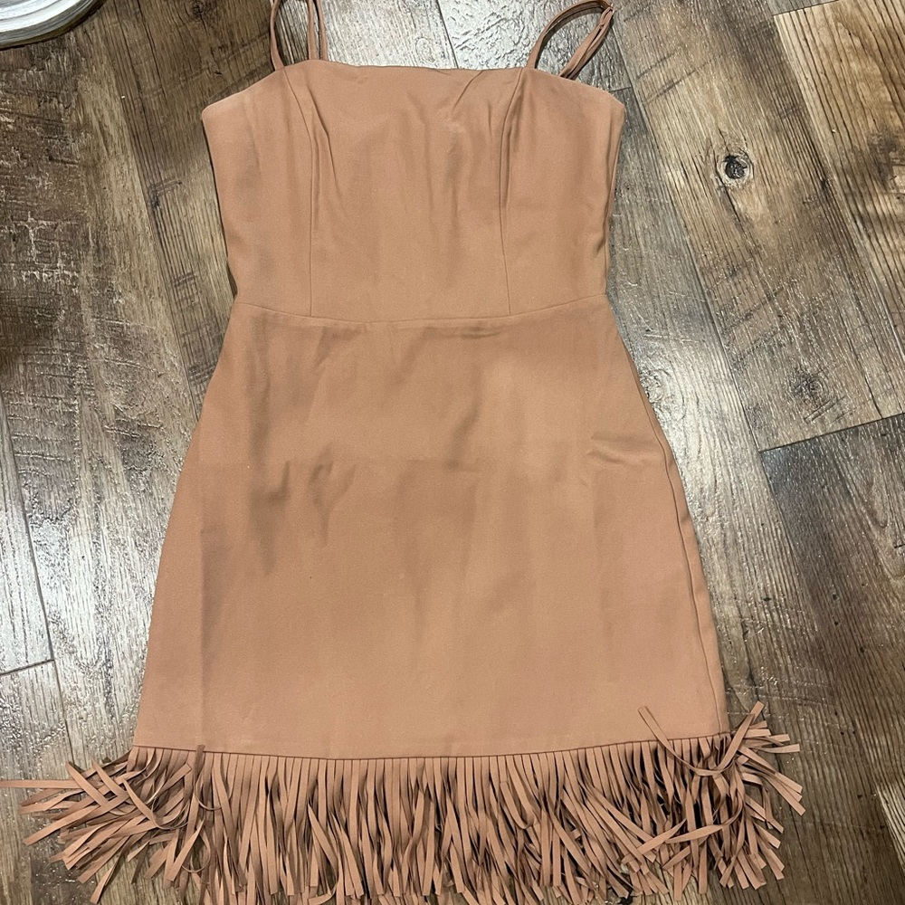 Sleeveless Fringe Hem Mini Dress in Tan